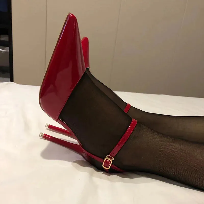 Women 10.5cm High Heels Sandals Lady Metallic Gray Patent Leather Stripper Ankle Strap Sandals Wedding Fetish Nightclub Shoes