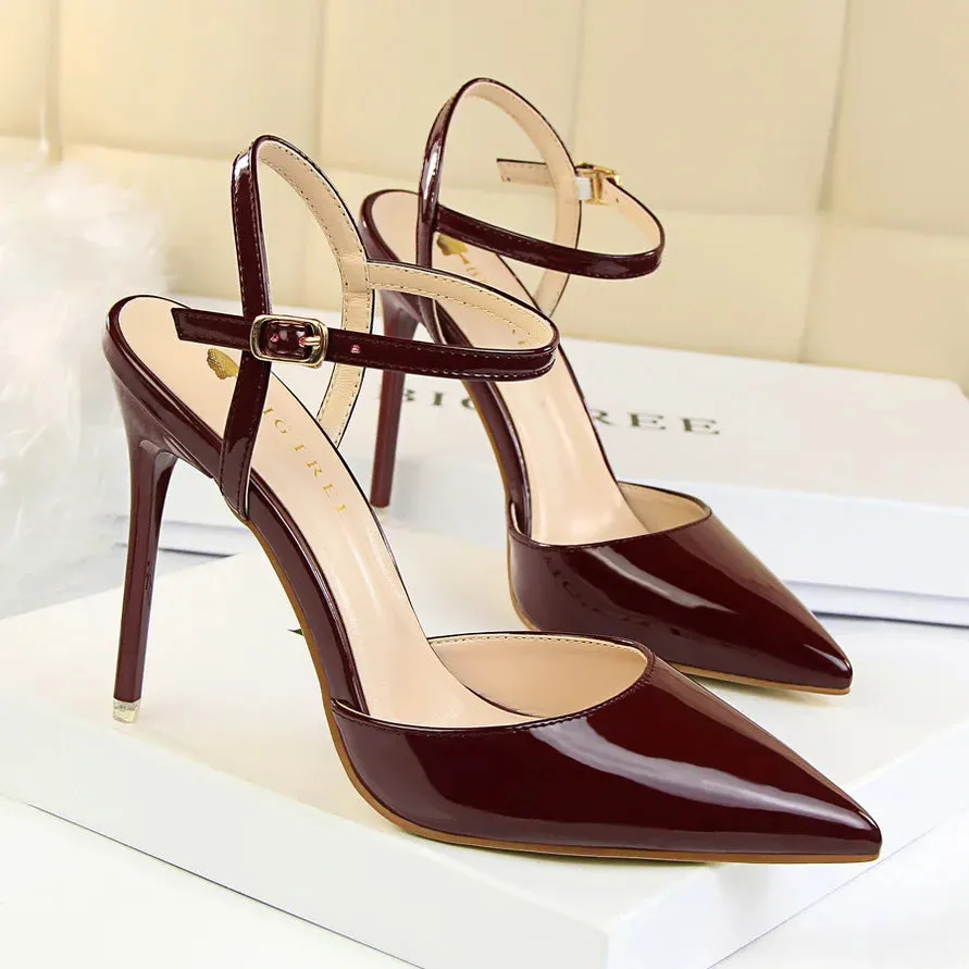 Women 10.5cm High Heels Sandals Lady Metallic Gray Patent Leather Stripper Ankle Strap Sandals Wedding Fetish Nightclub Shoes