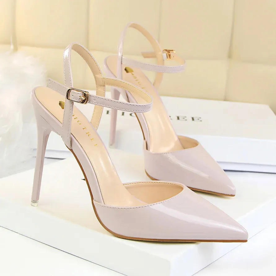 Women 10.5cm High Heels Sandals Lady Metallic Gray Patent Leather Stripper Ankle Strap Sandals Wedding Fetish Nightclub Shoes