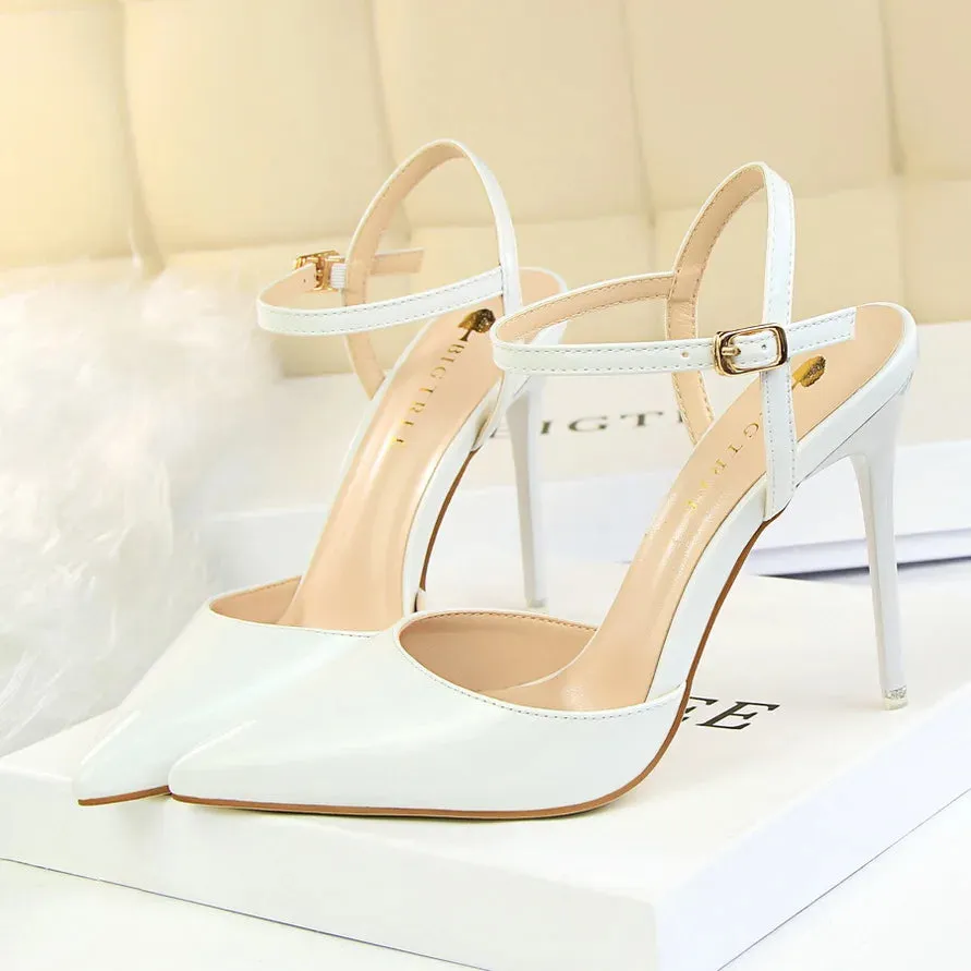 Women 10.5cm High Heels Sandals Lady Metallic Gray Patent Leather Stripper Ankle Strap Sandals Wedding Fetish Nightclub Shoes