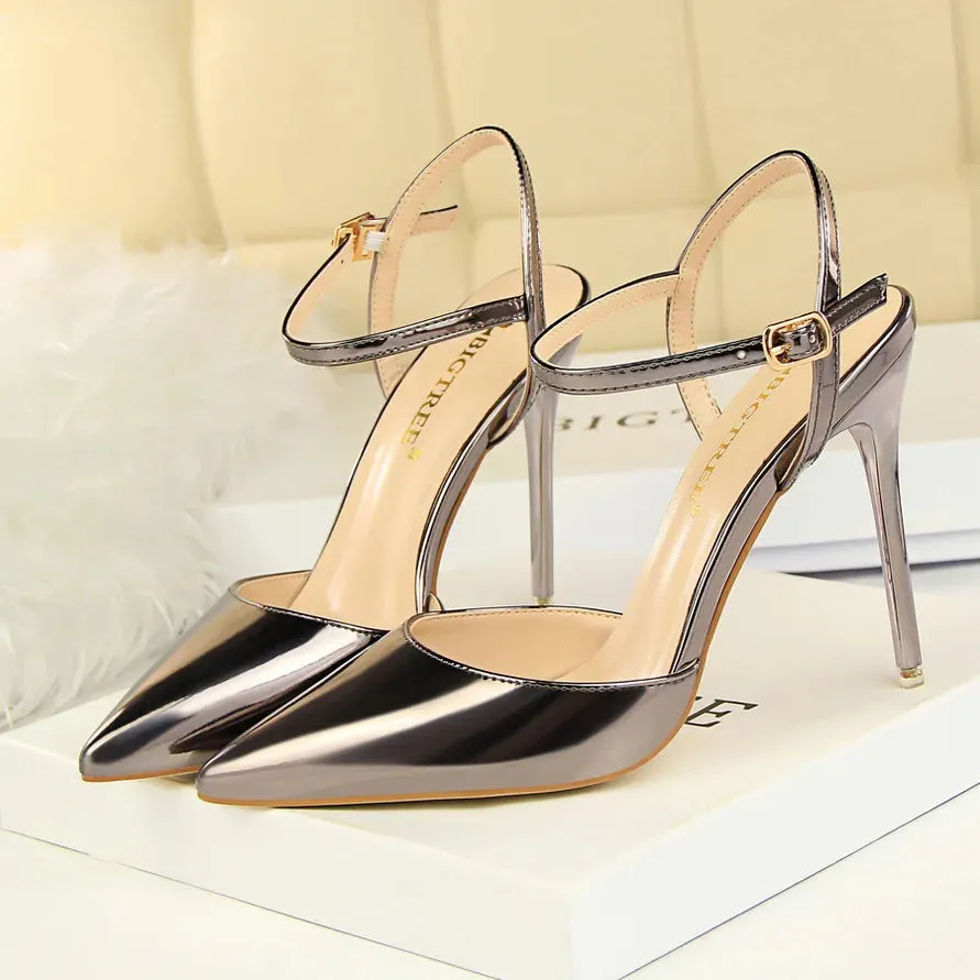 Women 10.5cm High Heels Sandals Lady Metallic Gray Patent Leather Stripper Ankle Strap Sandals Wedding Fetish Nightclub Shoes