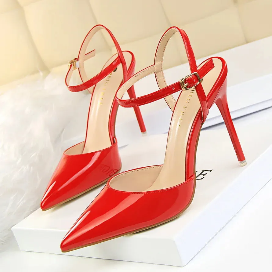 Women 10.5cm High Heels Sandals Lady Metallic Gray Patent Leather Stripper Ankle Strap Sandals Wedding Fetish Nightclub Shoes