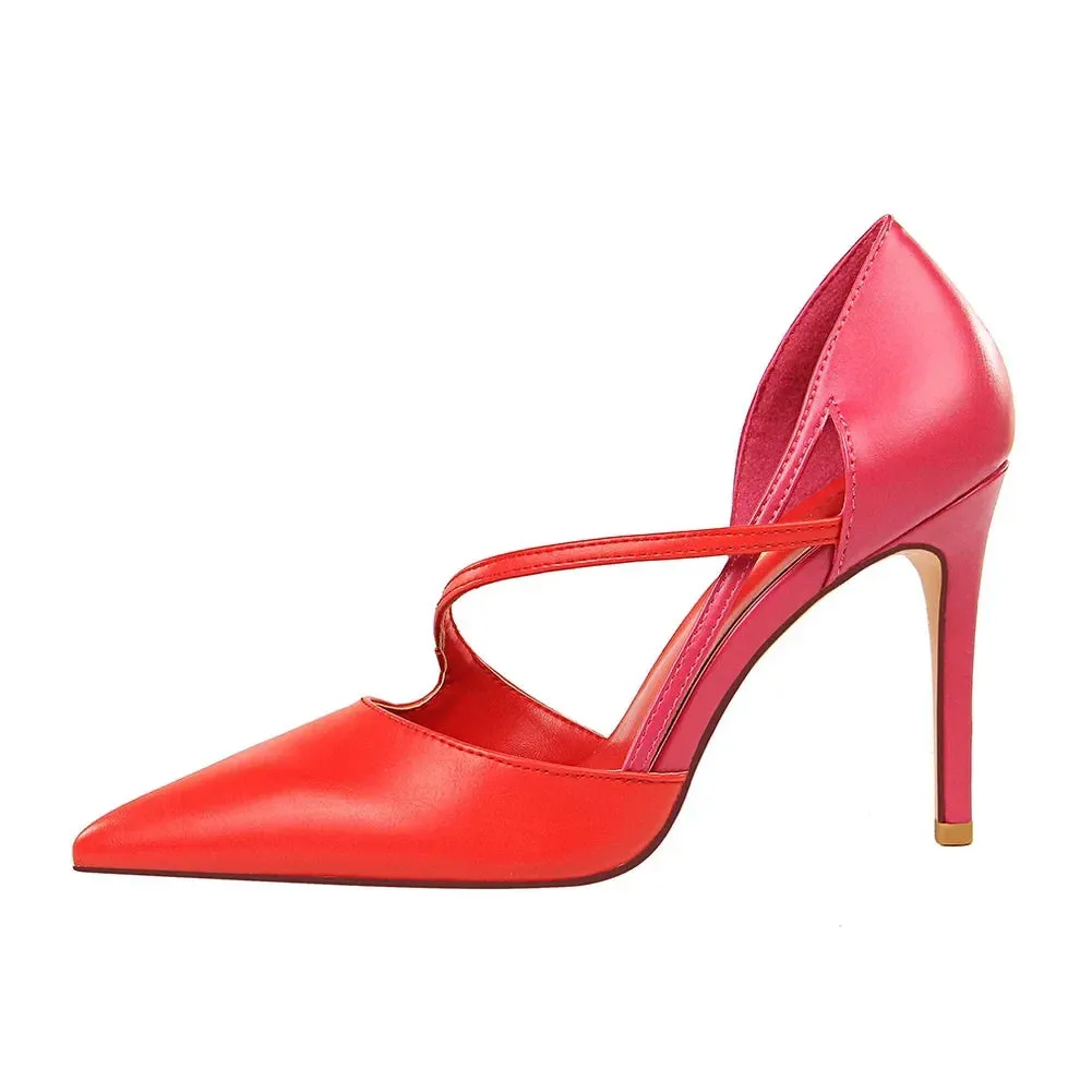 Women 9.5cm High Heels Sandals Nightclub Stripper Heels Sexy Patchwork Party Ankle Strap 2 tone Shoes
