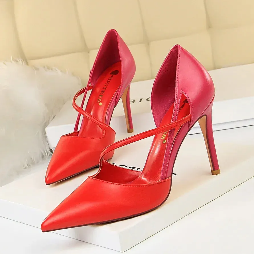 Women 9.5cm High Heels Sandals Nightclub Stripper Heels Sexy Patchwork Party Ankle Strap 2 tone Shoes