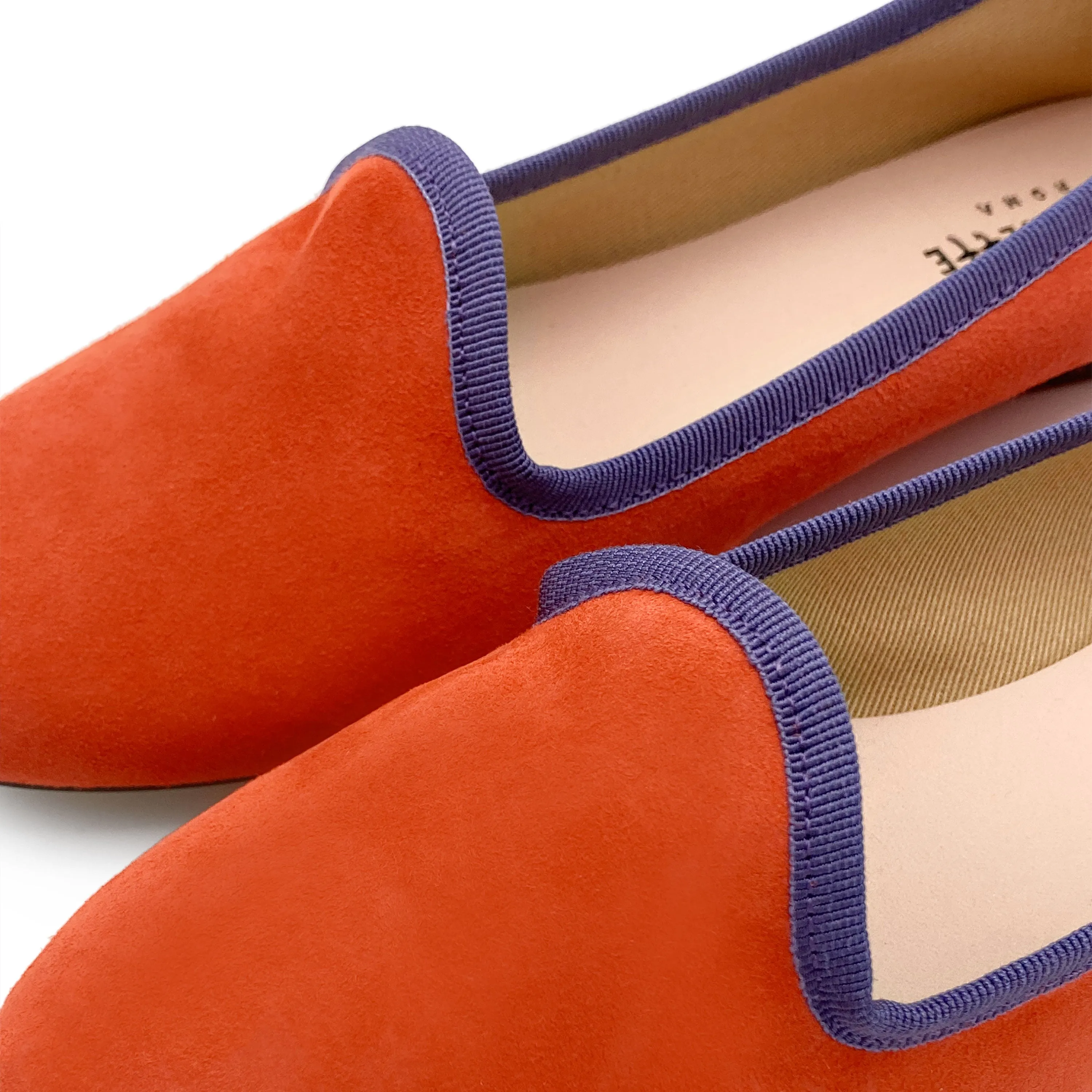 Women’s Orange Suede Loafers with Purple Details