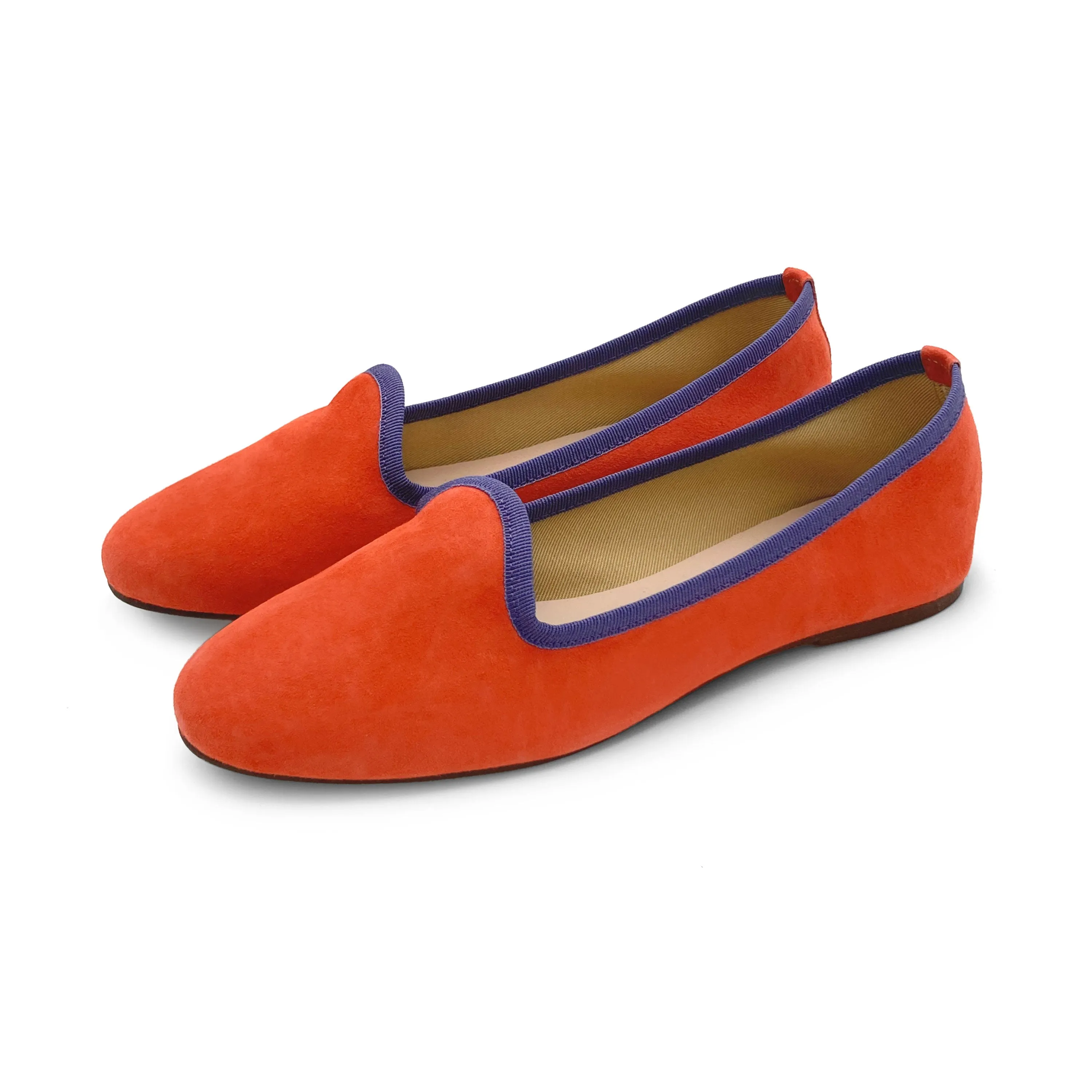 Women’s Orange Suede Loafers with Purple Details