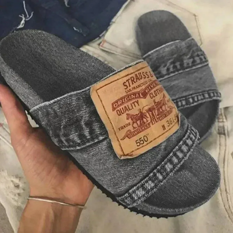 Women's Shoes Summer Shoes Women's Slippers Outdoor Solid Color Denim Open Toe Low Heel Large Size Casual Slippers