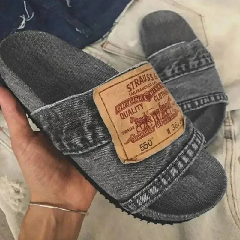 Women's Shoes Summer Shoes Women's Slippers Outdoor Solid Color Denim Open Toe Low Heel Large Size Casual Slippers
