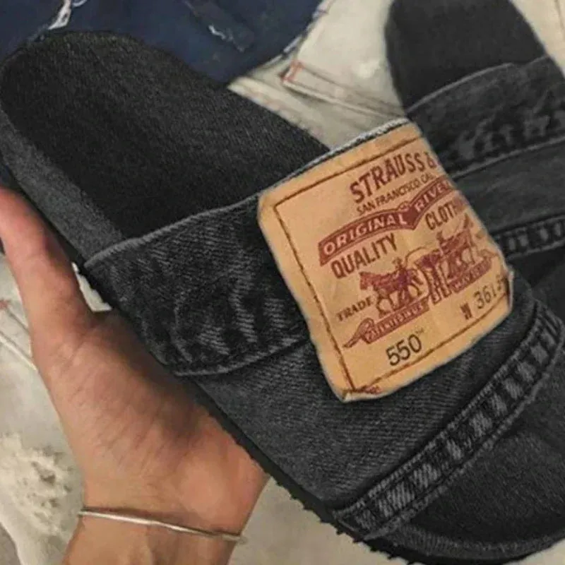 Women's Shoes Summer Shoes Women's Slippers Outdoor Solid Color Denim Open Toe Low Heel Large Size Casual Slippers