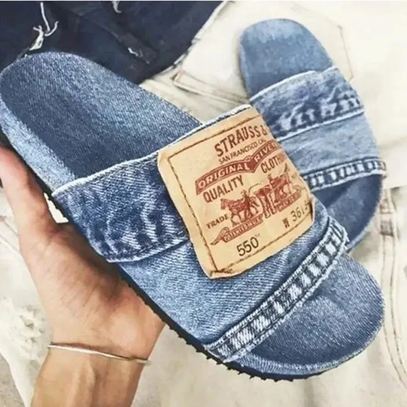 Women's Shoes Summer Shoes Women's Slippers Outdoor Solid Color Denim Open Toe Low Heel Large Size Casual Slippers