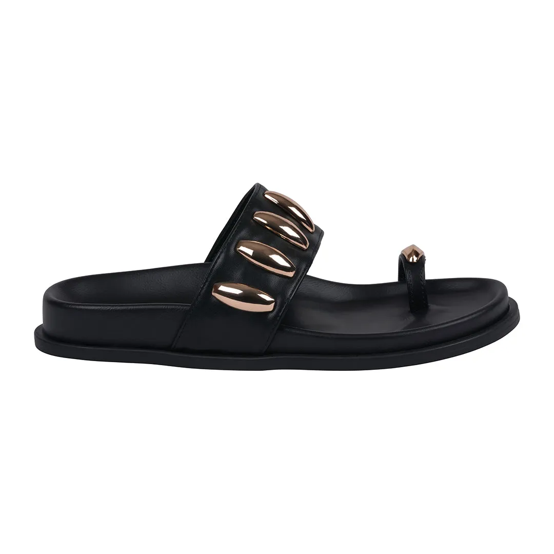 Women's Sonya Black Toe Ring Hardware Slide Footbed Sandals