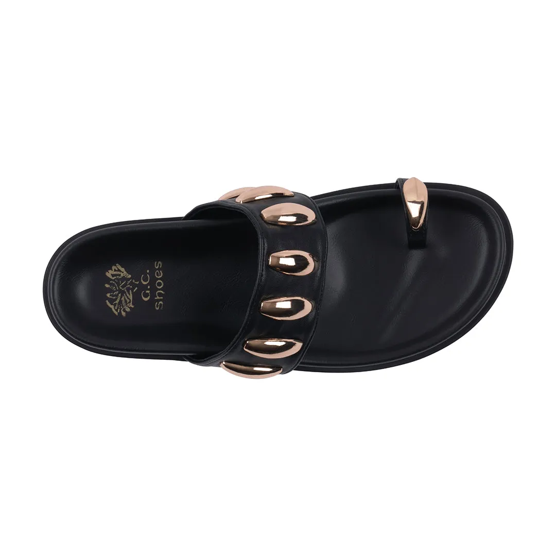 Women's Sonya Black Toe Ring Hardware Slide Footbed Sandals