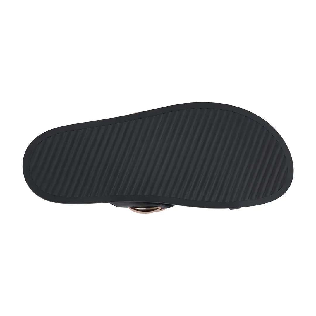 Women's Sonya Black Toe Ring Hardware Slide Footbed Sandals