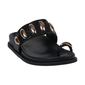 Women's Sonya Black Toe Ring Hardware Slide Footbed Sandals