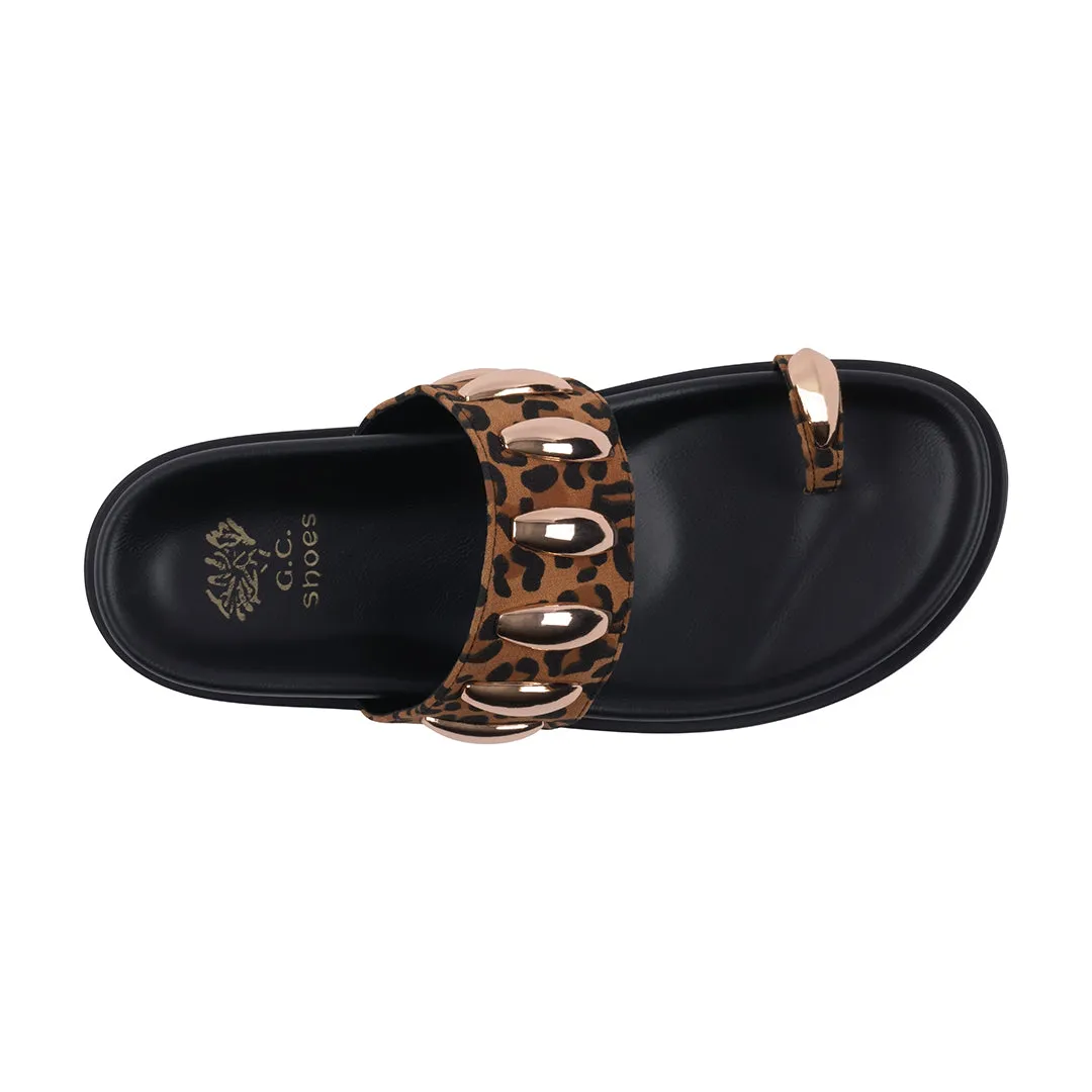 Women's Sonya Leopard Toe Ring Hardware Slide Footbed Sandals